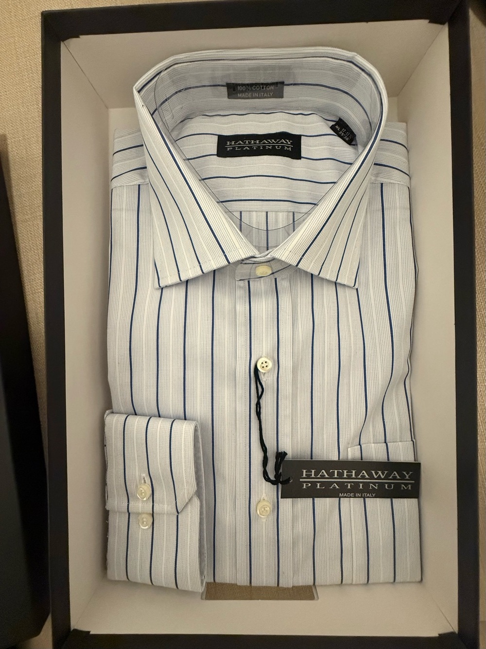 Hathaway Platinum White Dress Shirt with Blue Pinstripes
